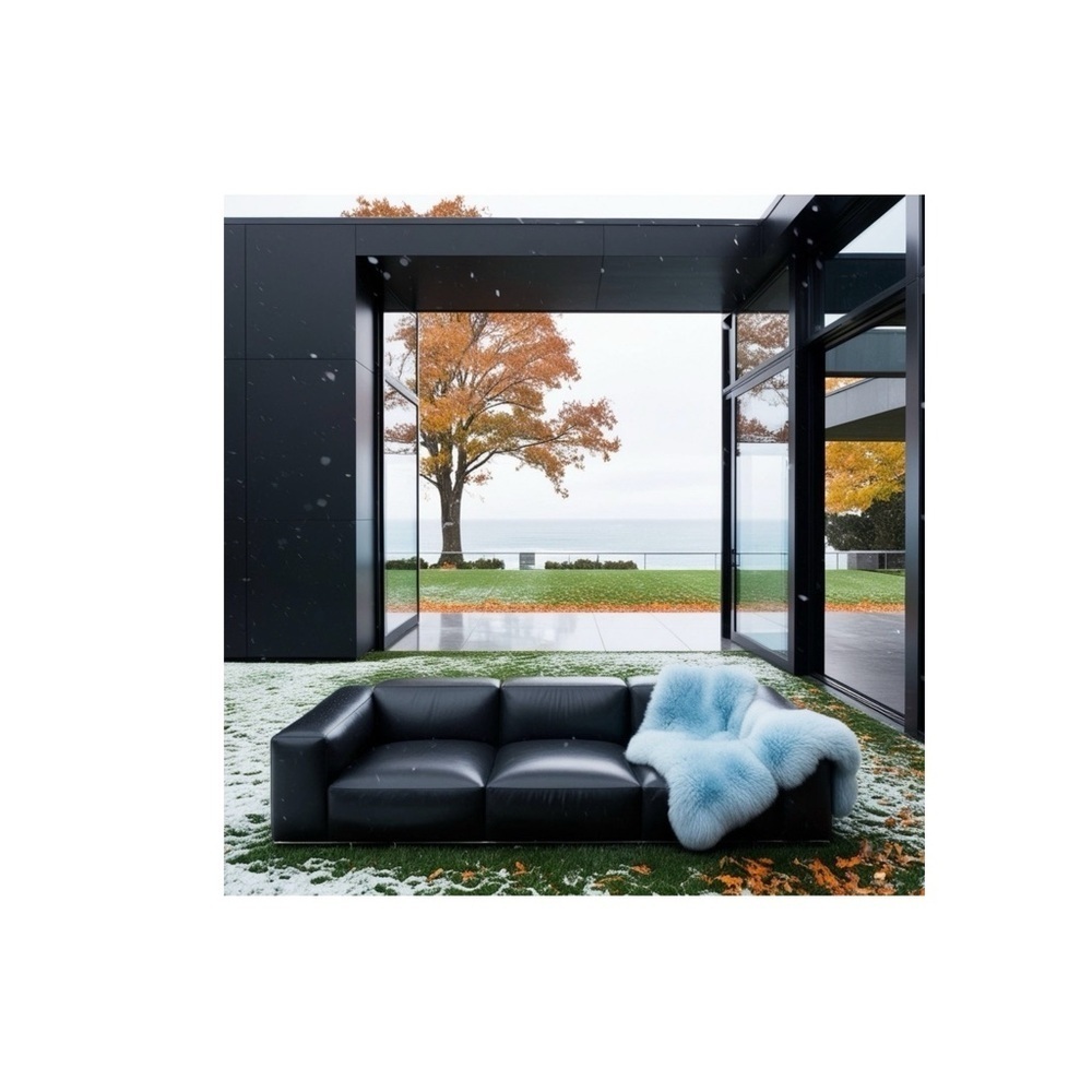 HANDCRAFTED digital art print Chic Black Sofa with Soft Blue Throw decor print